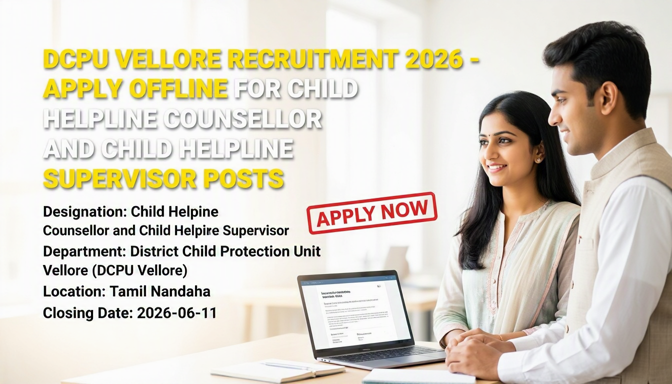 DCPU Vellore Recruitment 2026 for Child Helpline Counsellor and Supervisor positions