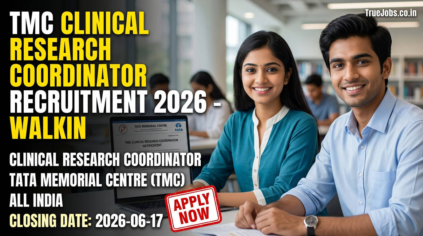 TMC Clinical Research Coordinator Recruitment 2026 notification for 3 posts with walk-in interview