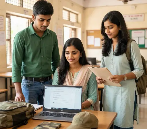 Young Indian aspirants checking the Territorial Army recruitment application update online.