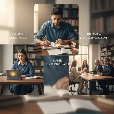 Here's a photorealistic, editorial-quality image illustrating the BPSC CCE exam pattern, focusing…