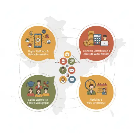 Here's an illustration representing the key drivers of the gig economy's growth in India.