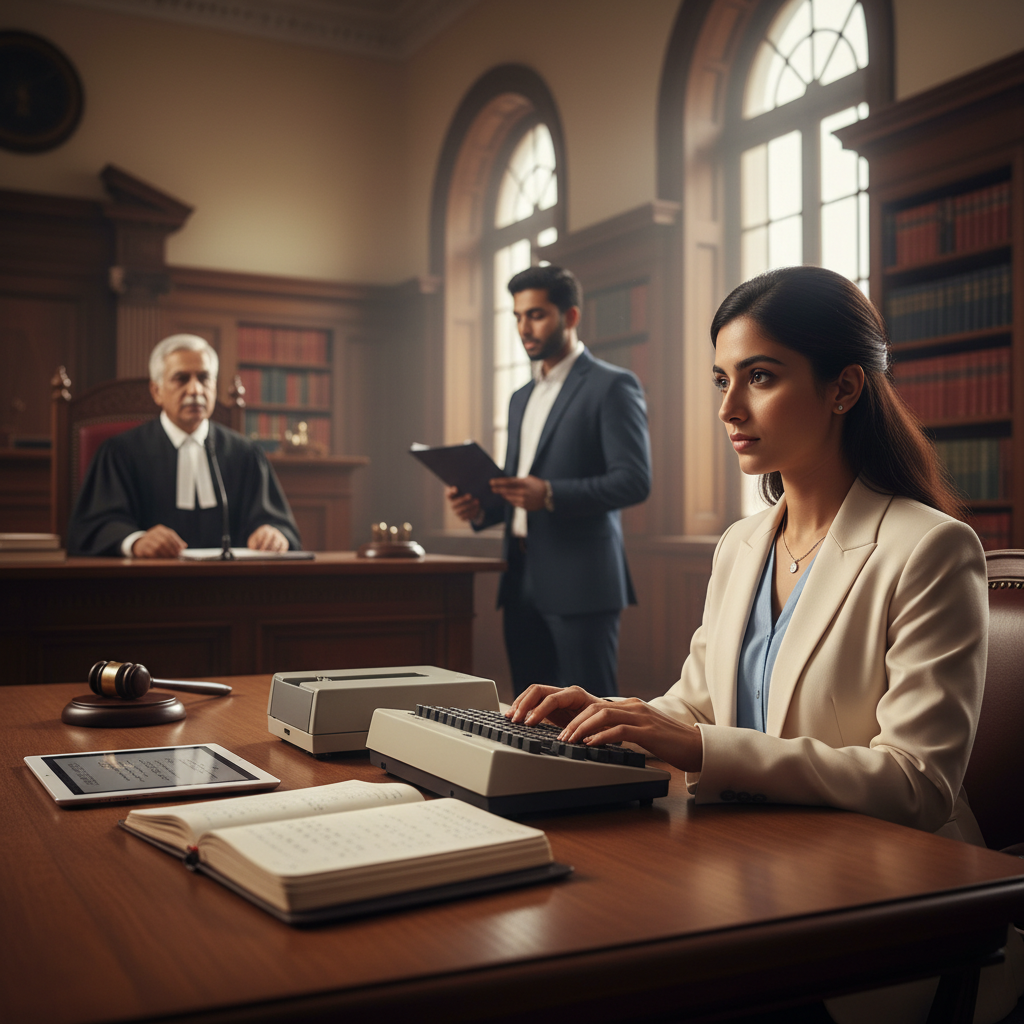 Here's an image that captures the essence of a stenographer's role in a courtroom, suitable for…