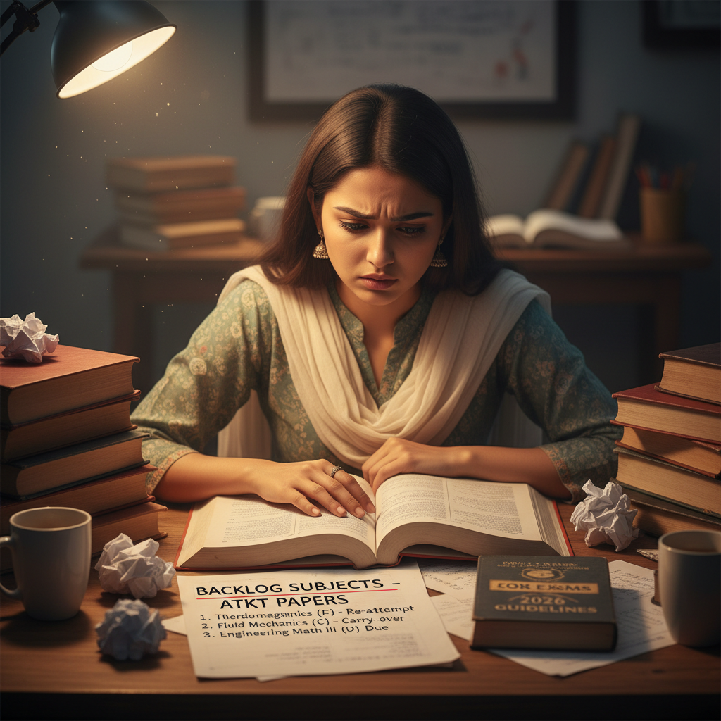 Here's an image that fits your description. It shows a young Indian student looking stressed while…