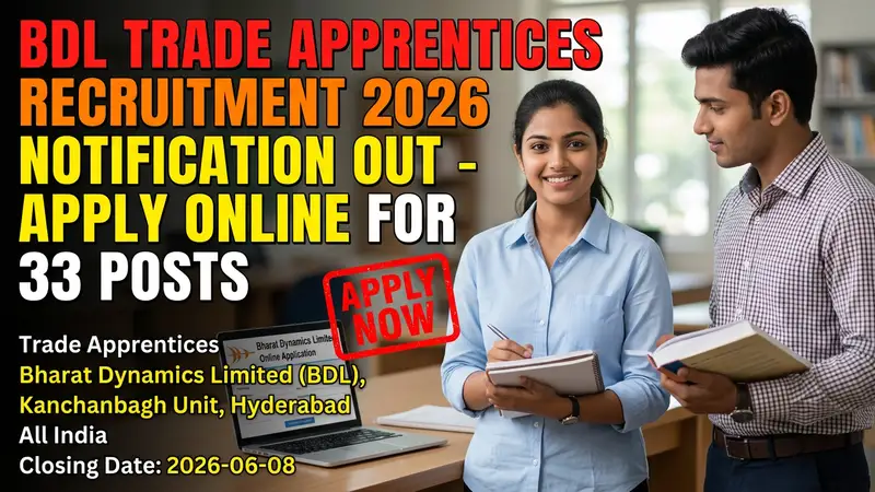 BDL Trade Apprentices Recruitment 2026 notification for 33 ITI apprentice vacancies at Kanchanbagh…