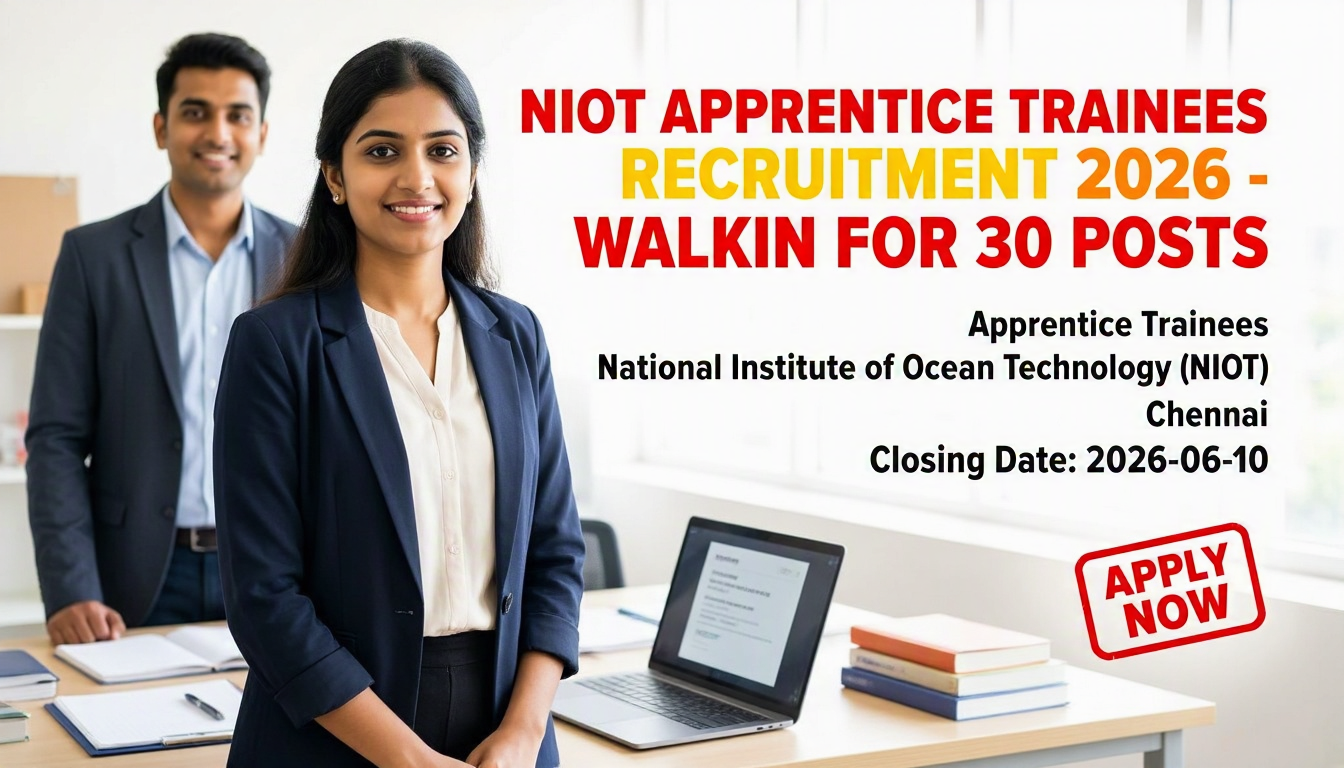 NIOT Apprentice Trainees Recruitment 2026 notification for 30 posts with walk-in interview on June…